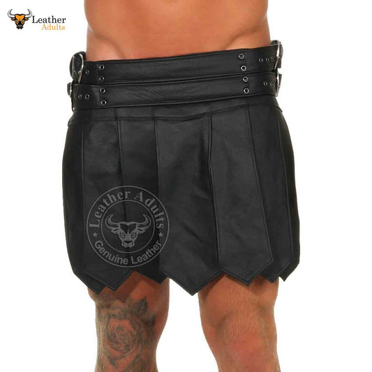 Mens Black Cowhide Leather Roman Gladiator Skirt Kilt Gothic Belt and Buckles Kilt LARP ALL SIZES