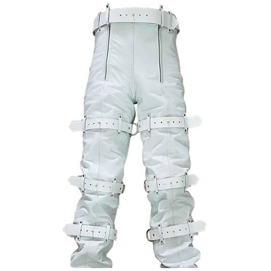 Men Real White Leather Locking Bondage Jeans with Rear Zip