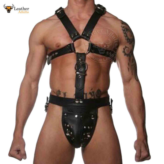 Mens Genuine Leather Handmade Full Body ADJUSTABLE Harness WITH JOCK Leder GAY INTEREST