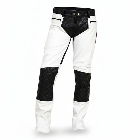 White leather riding chaps with black quilted leather panels on the knees, hips, and upper thighs, featuring a black leather belt and a black bull logo with 'Quinte Leader' on the lower left leg.