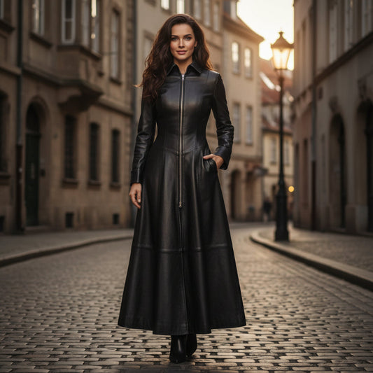 A black faux leather long coat dress with a high collar and front zipper, displayed on a mannequin against a white background.