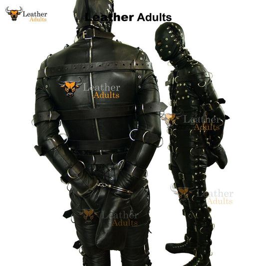 Mens Bondage Suit Black LEATHER Heavy Duty Restriction Catsuit with Hood LARP