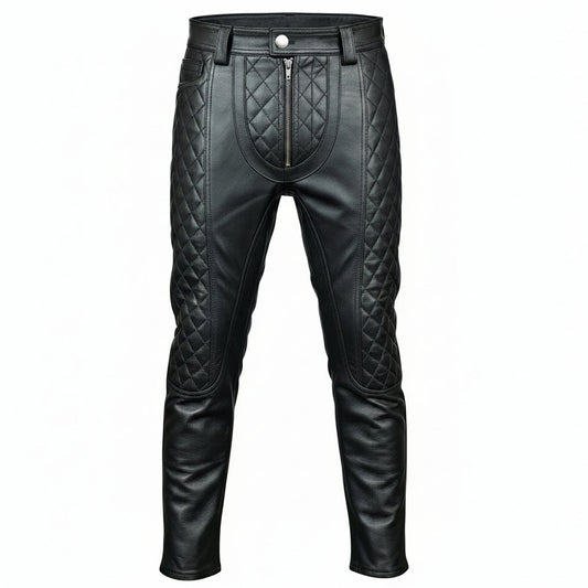 A pair of men's real cowhide leather pants with a slim fit and quilted design on the knees.