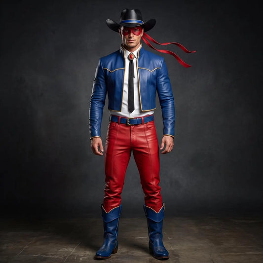 Handmade Blue Leather Cropped Jacket & Red Pants Set | Men’s Western Cowboy Cosplay & Hero Outfit