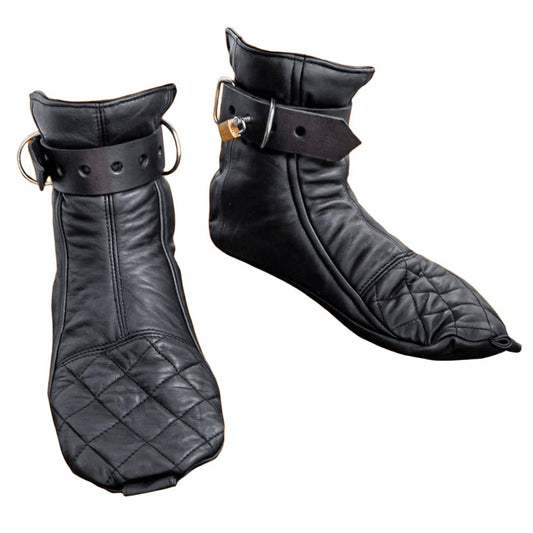 Pair of black leather Bondage Boots with locking buckles on a white background.