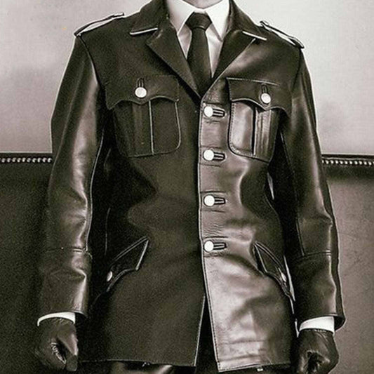 Mens Black Real Cowhide Leather German World War 2 Uniform Tunic Leather Coat Jacket