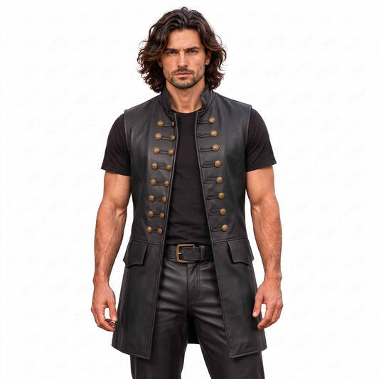Front torso view of long haired man wearing handmade black leather medieval vest with brass buttons and standing collar