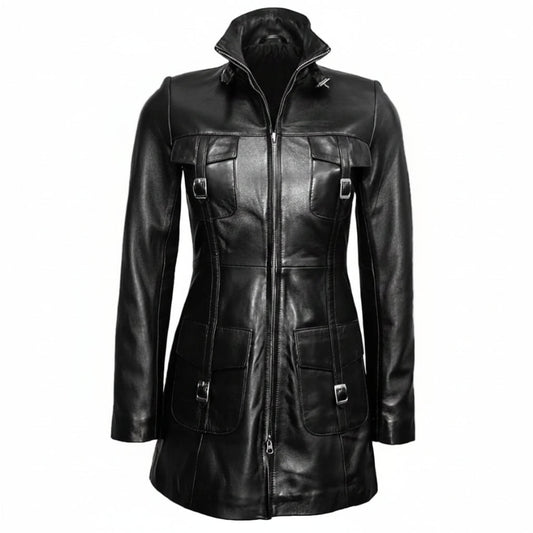 A black leather jacket with a high stand-up collar, front zipper, and multiple flap pockets with buckle details, shown on a plain white background.