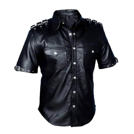 Uniforme de policía de cuero para hombre camisa Gay BLUF genuina de piel de cordero negra