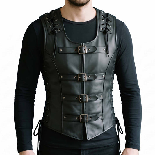 Front view of athletic man wearing handmade black leather steel boned steampunk waistcoat vest with four front buckle straps and lace-up shoulders