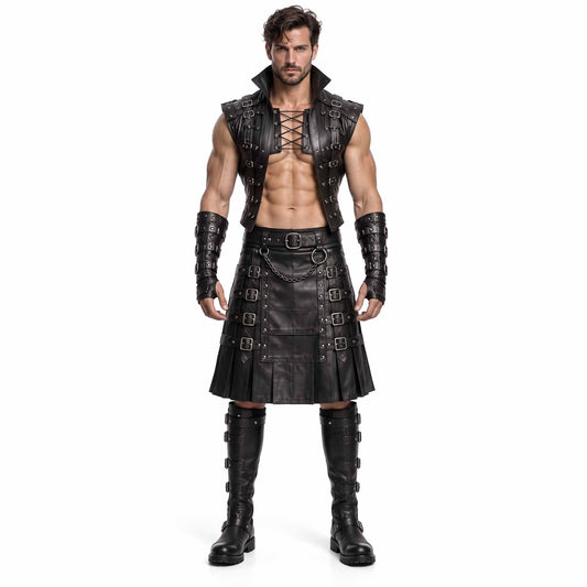 Front full-body view of a muscular man wearing a handmade black leather gladiator costume set featuring an open lace-up vest, buckled utility kilt with chains, and forearm bracers.