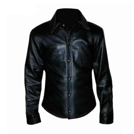 Camisa de manga completa muy caliente y suave de cuero de oveja real negro para hombre BLUF Gay Shirt