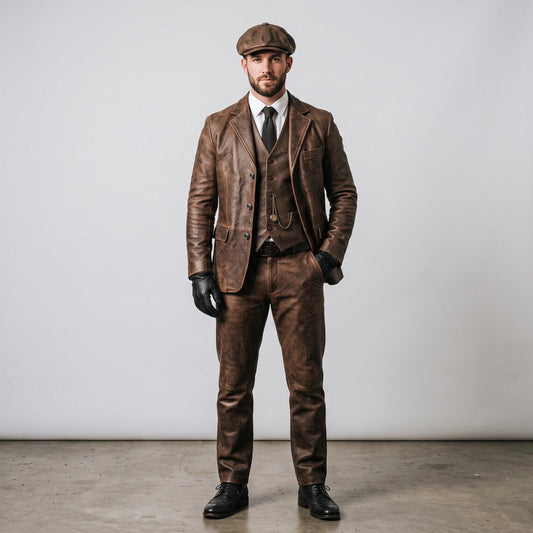 Men's Distressed Brown Leather 4-Piece Suit Set | Vintage Victorian Steampunk Blazer, Waistcoat, Pants & Newsboy Flat Cap
