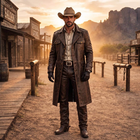 Full length front view of cowboy standing in western ghost town wearing handmade distressed brown leather duster coat and matching pants