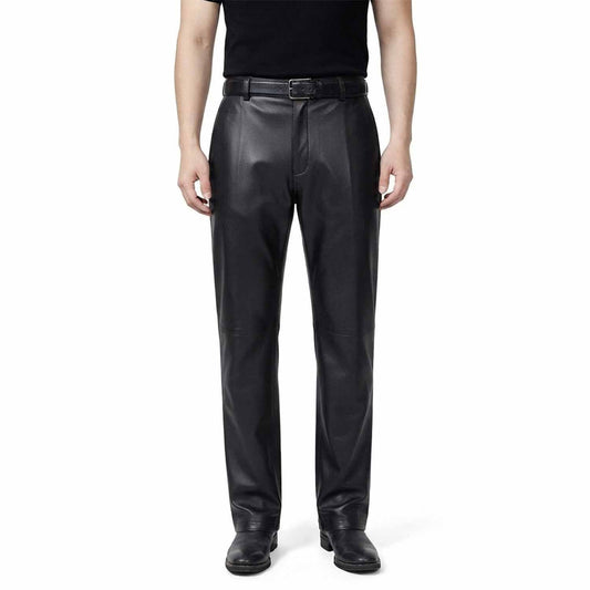Full-length front view of a man wearing classic-fit blsck leather formal trousers with a smooth finish and straight leg.