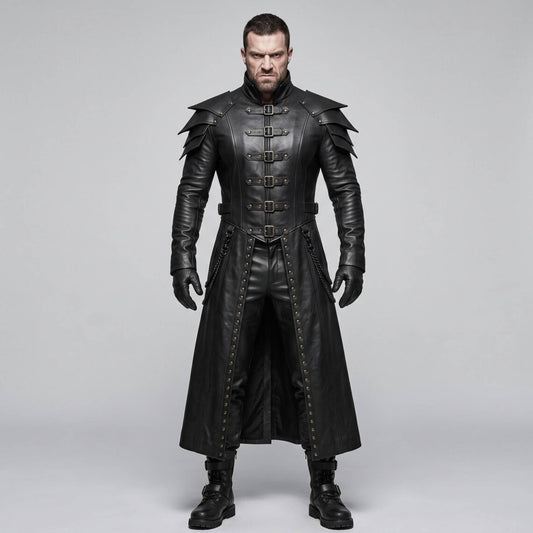 Full length front view of muscular man wearing handmade black leather gothic warrior armor coat and pants set with tiered pauldrons and front buckles