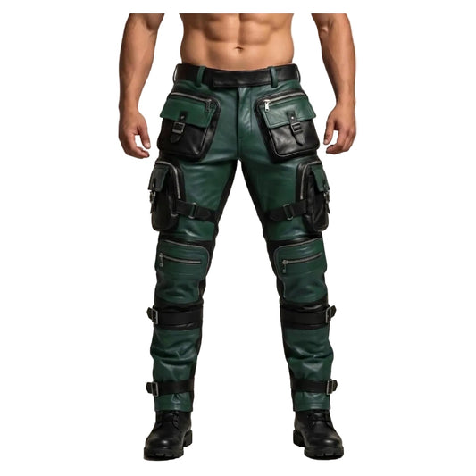 A model's lower body wearing dark green faux leather cargo pants with multiple black utility pockets and straps, paired with black boots, against a neutral beige background.