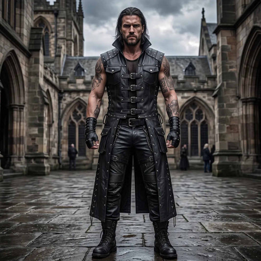 Full length front view of muscular man wearing handmade black leather gothic long vest with front buckle closures and cargo pockets