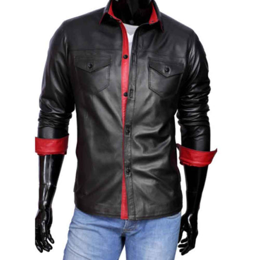 Camisa de estilo militar de policía de cuero de cordero real para hombre Cuir Bluf Camisa en contraste roja y negra