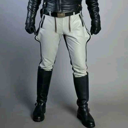 Men's Real Leather White and Black Contrast Saddleback Trousers BLUF Pants Bikers Breeches