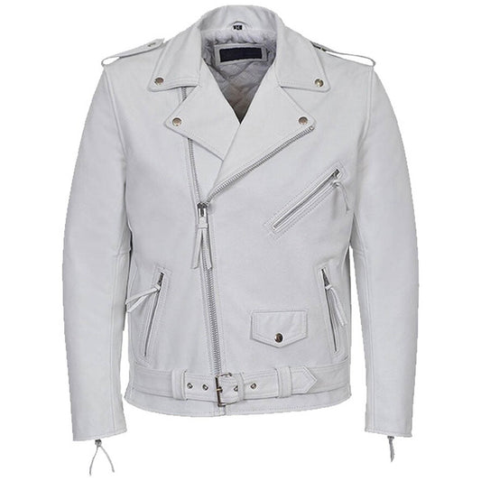 Men's Real White Cowhide Leather Bikers Jacket Thick Cow Leather Bikers Jacket