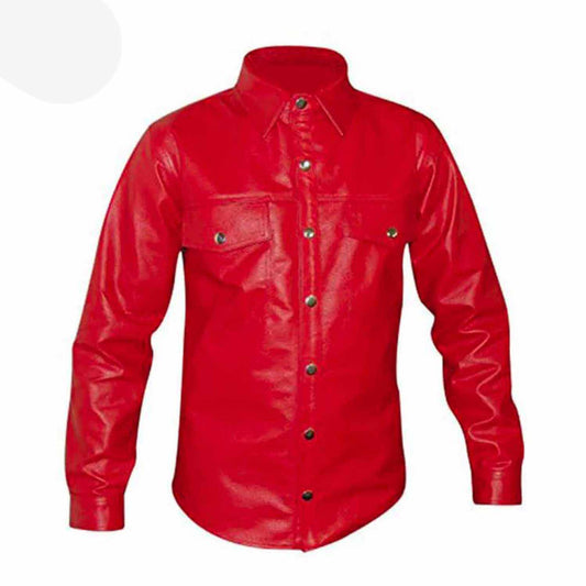 Men's Red Genuine Leather Shirt Police Uniform Style Long Sleeves Shirt