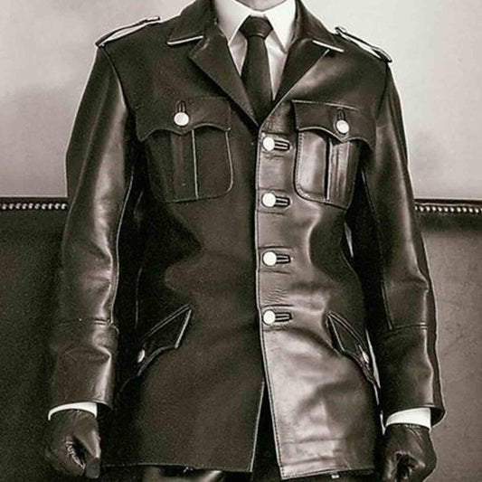 Mens Black Real Cowhide Leather German World War 2 Uniform Tunic Leather Coat Jacket