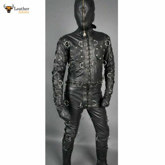Mens Bondage jump suit cell suit Black Cow Leather Heavy Duty Restriction Catsuit BDSM