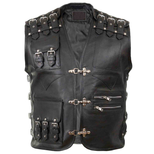 Mens Genuine Black Leather Motorcycle Vest Club wear Biker Rider Motorbike Vest