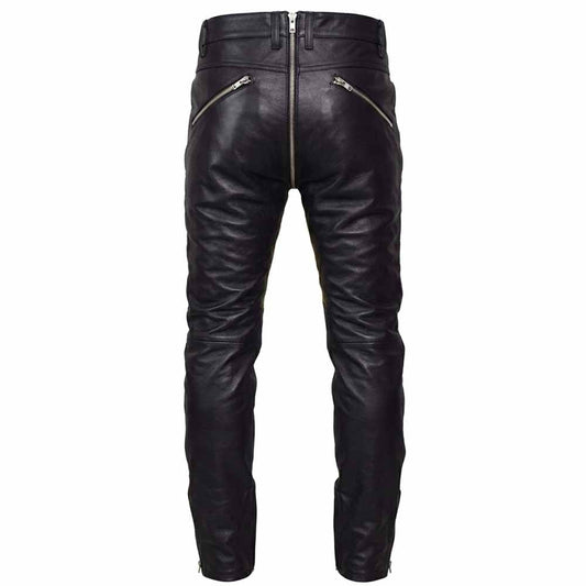 Back view of men's black leather biker pants showing the continuous silver zipper extending up the rear crotch seam and zipper pockets.
