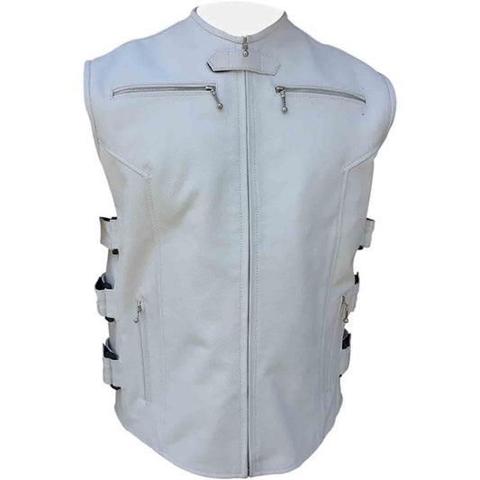 Mens White Leather Vest Biker Rider Motorbike Motorcycle Waistcoat Club SWAT Vest