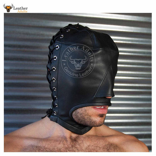 Open Mouth Leather Bondage Hood BDSM Black Soft Leather Bondage Mask
