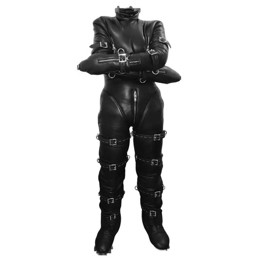Black leather full-body Padded Bondage Suit with harnesses on a white background