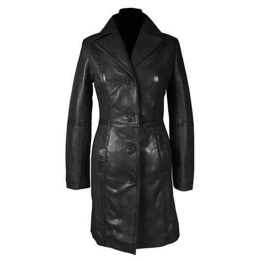 Womens Black Beautiful LAMBS LEATHER Ladies Steampunk GOTH Style Trench Coat T16