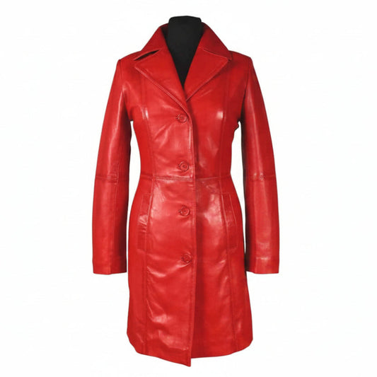A bright red lambs leather double-breasted coat displayed on a black mannequin torso against a white background, featuring a glossy finish