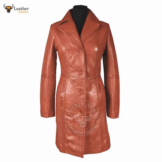 Womens Brown Beautiful LAMBS LEATHER Ladies Steampunk GOTH Style Trench Coat T16