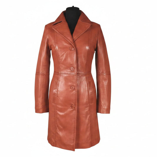 A reddish-brown leather coat displayed on a black mannequin torso against a plain white background. A circular leather brand watermark is visible on the lower front of the coat.