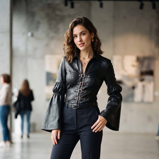 Front view of elegant woman wearing fitted black leather poet blouse with flared bell sleeves and front buckle straps in art gallery