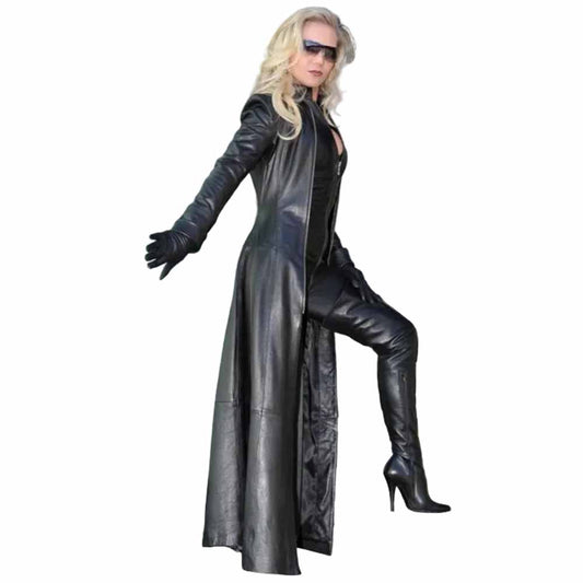 Womens Ladies Pure Black Nappa Leather Trench Steampunk Gothic Matrix Coat Jacket