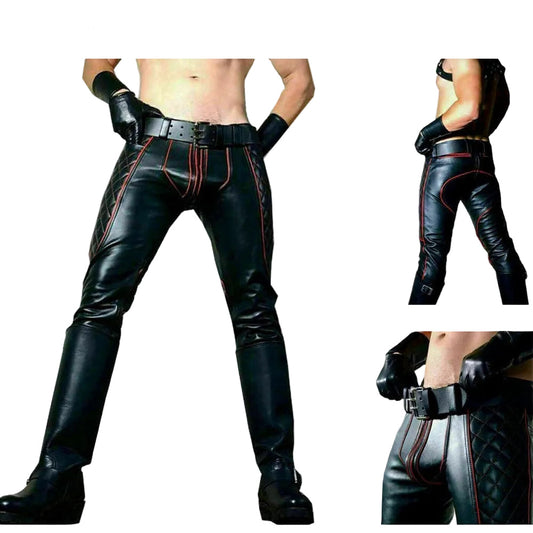 A collage of three images showcasing men's leather trousers with black and red piping. The trousers are presented from the waist down, highlighting the design and fit.