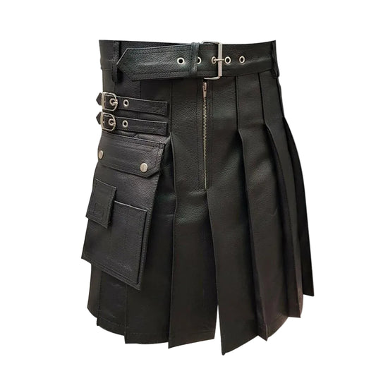 Black faux-leather pleated kilt with a matching belt, side cargo pockets, and metal hardware, shown on a plain white background.