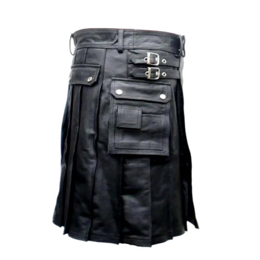 Black faux leather kilt with multiple utility pockets, belt straps, and silver buckle details, shown against a plain white background.