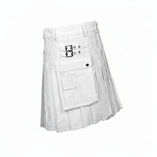 A white pleated kilt-style skirt with multiple front pockets and decorative buckle details, shown on a plain white background.
