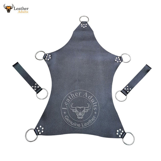 A black leather sex swing sling with attached leather stirrups and metal D-rings, featuring the brand logo 'Genesis Leather' and the word 'Genuine Leather' embossed on it.
