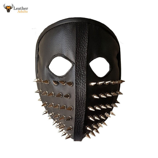 A full face leather mask with spikes, primarily black in color with silver spikes decorating the side.