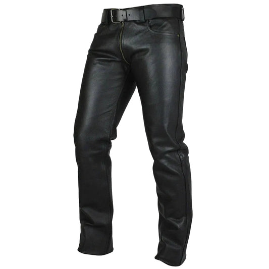 Men's Real Cowhide Leather Pants Double Zipped Leather Gay Pants Trousers
