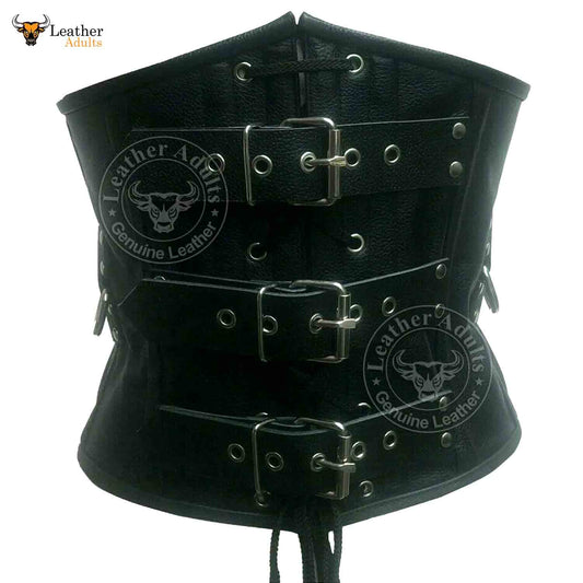 Heavy Cowhide Leather Male Corset Steel Boned Rear Laced Unisex Bondage Girdle Cincher