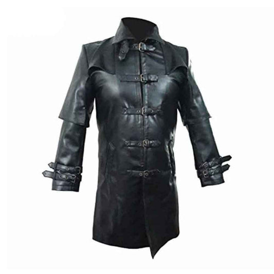 Mens Black Cowhide Leather Matrix Goth Trench Coat Gothic Trench Coat Steampunk T5 BLACK
