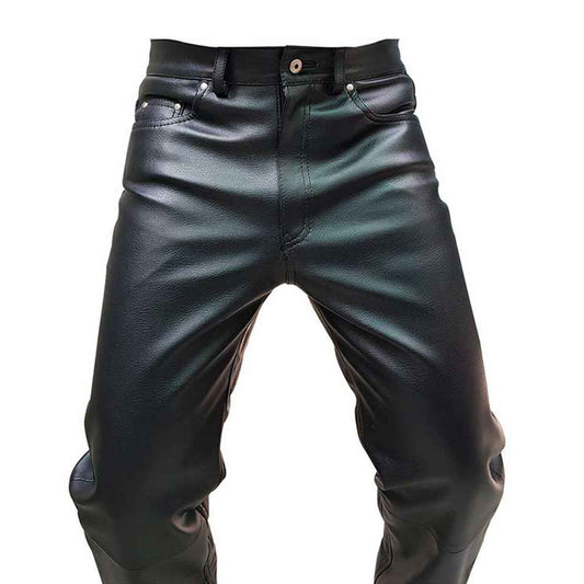 Pantalones vaqueros estilo 501 elegantes y sexys de cuero de vaca negro para hombre, pantalones BLUF, pantalones de motociclista