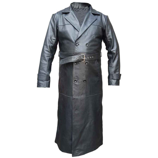 Mens Black Cowhide LEATHER FULL LENGTH DOUBLE BREAST Trench Coat New